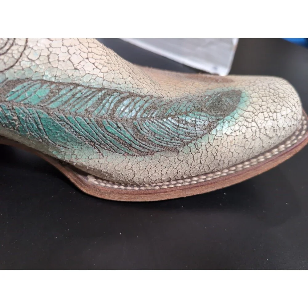 CORRAL SAND/TEAL   CRACKEL & FEATHER SQUARE TOE COWBOY BOOT MEN'S SIZE 12M EUC